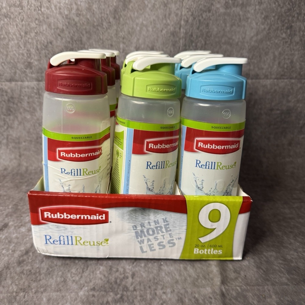 2007 NOS Lot of 9 Rubbermaid Refill Reuse 20oz Squeezable Water Bottle 3161